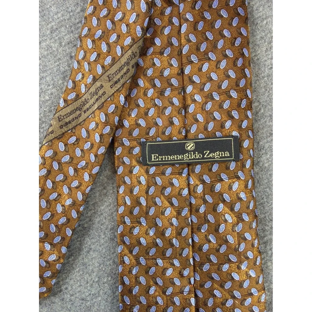 Ermenegildo Zegna Tie Mens‎ Bronze Blue 100% Silk Geometric Oval Made in Italy